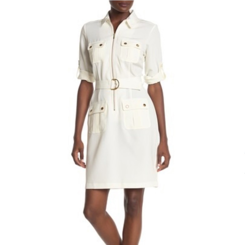 Sharagano Belted Front Zip Utility Shirt Dress